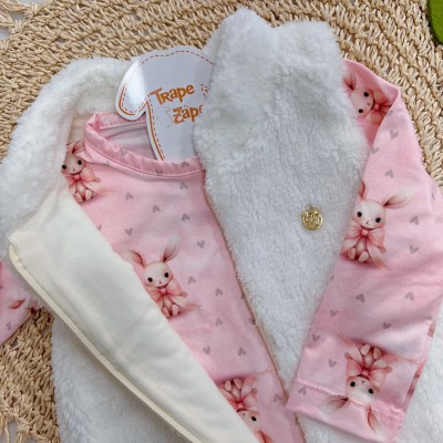 Conj. Colete de Pelinho, Blusa Coelhinha e Calça Legging - Areia